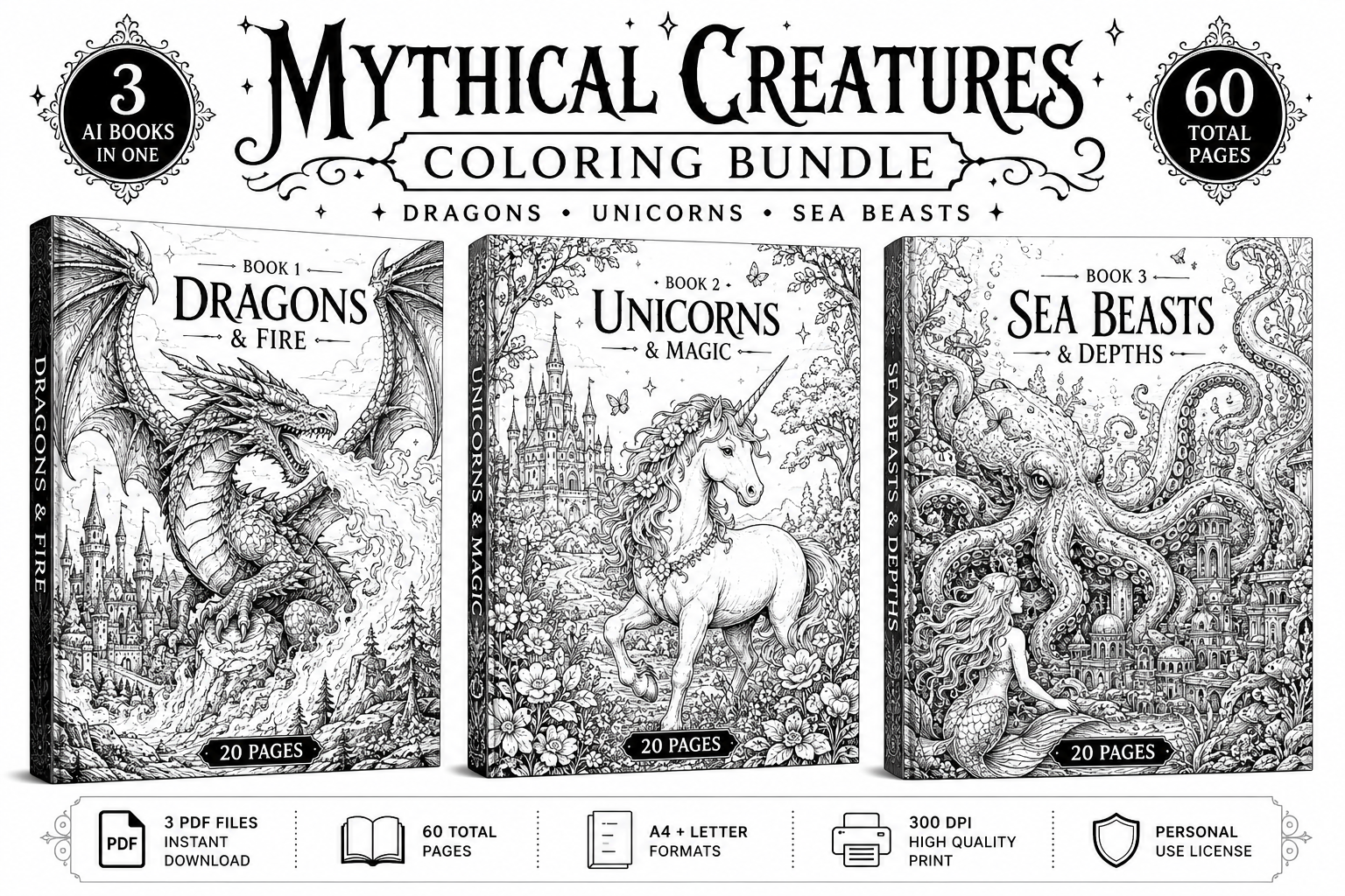 Mythical Creatures Coloring Bundle — 3 AI Books (Dragons, Unicorns & Sea Beasts)