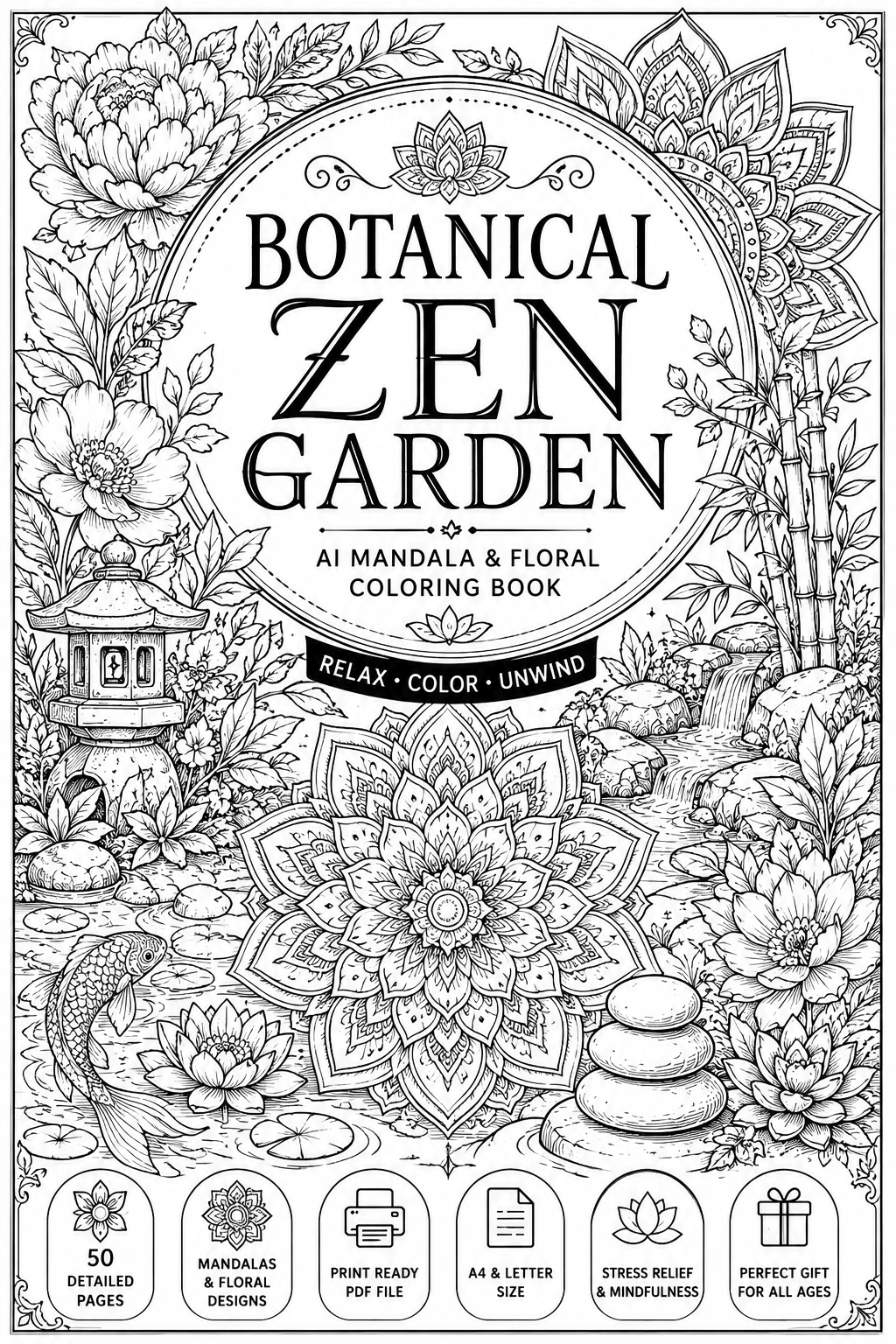 Botanical Zen Garden — AI Mandala & Floral Coloring Book
